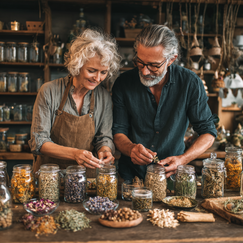 middle-aged adults preparing herbal tea with natural ingredients