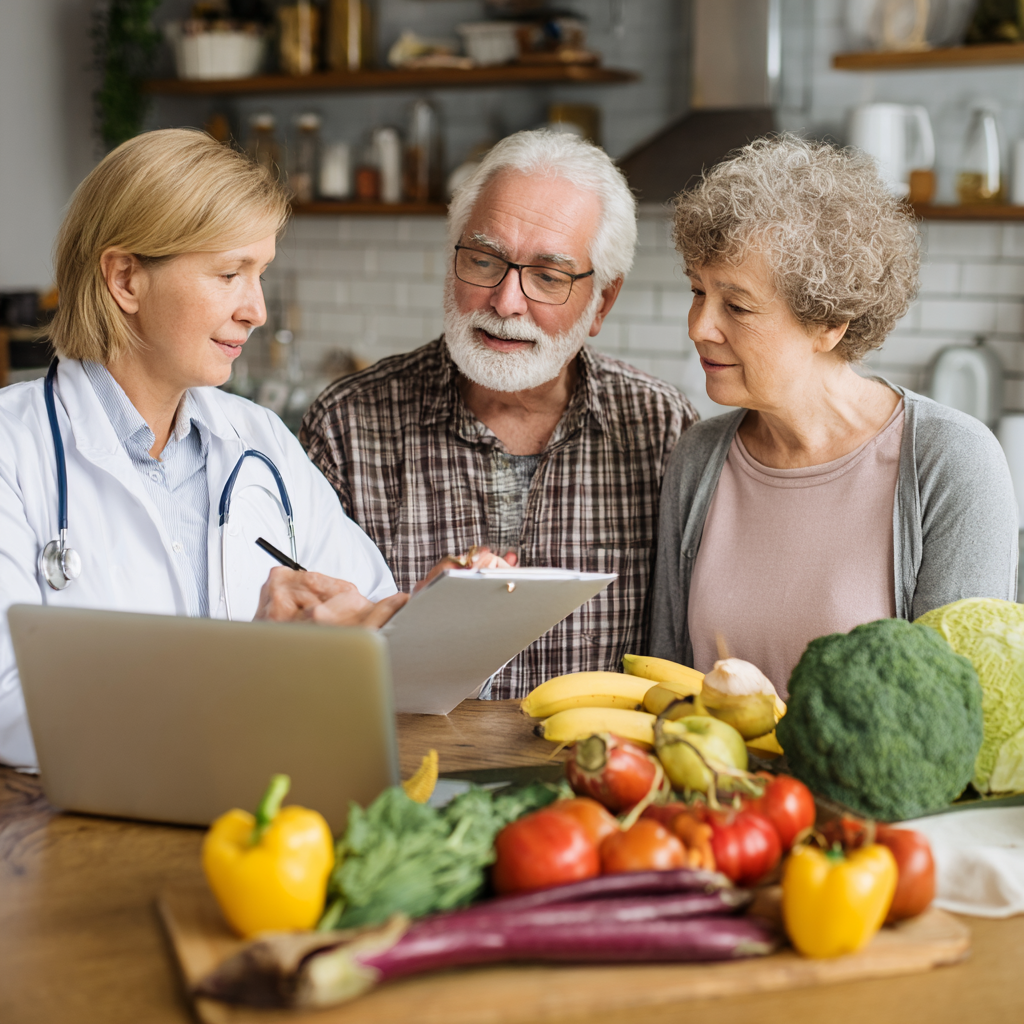 middle-aged nutritionist consulting with older adults about healthy lifestyle choices